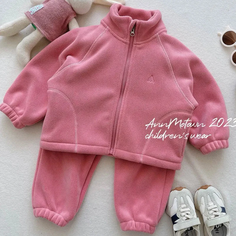 Autumn Winter New Girls Boys Clothing Set Double-Sided Velvet Solid Thick Warm Zipper Coat+Pants 2Pcs For 2-8Y Kids Casual Suit