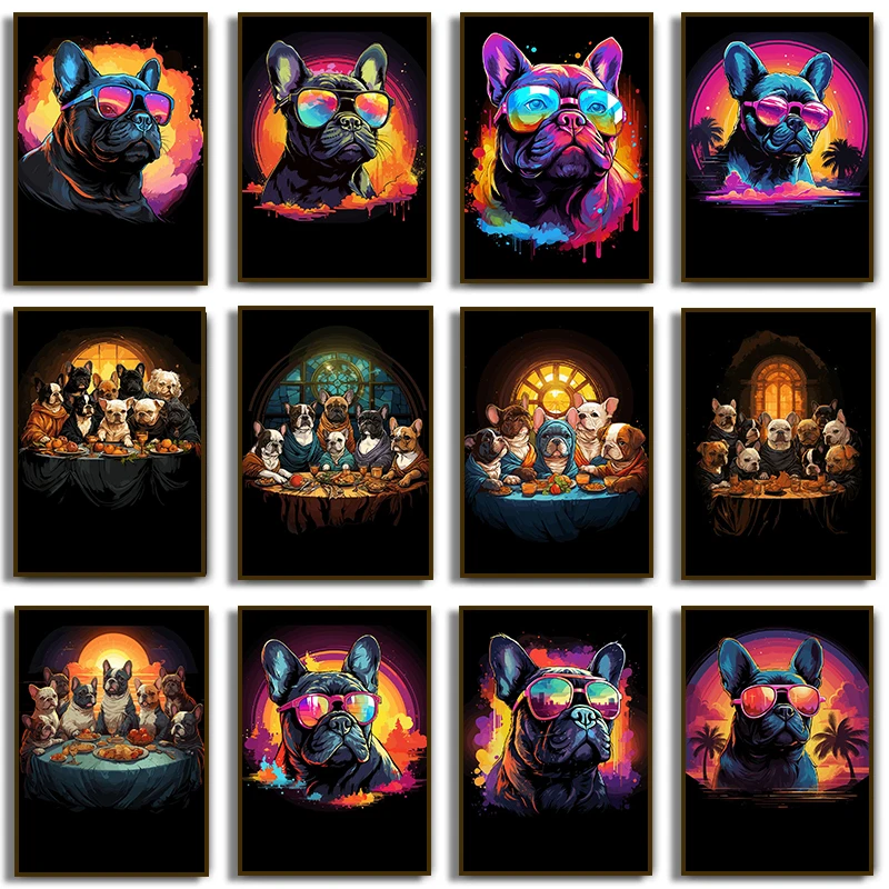 The Last Supper Bulldogs Canvas Painting Synthwave French Bulldog Animal Poster and Print for Living Room Home Decor Cuadros