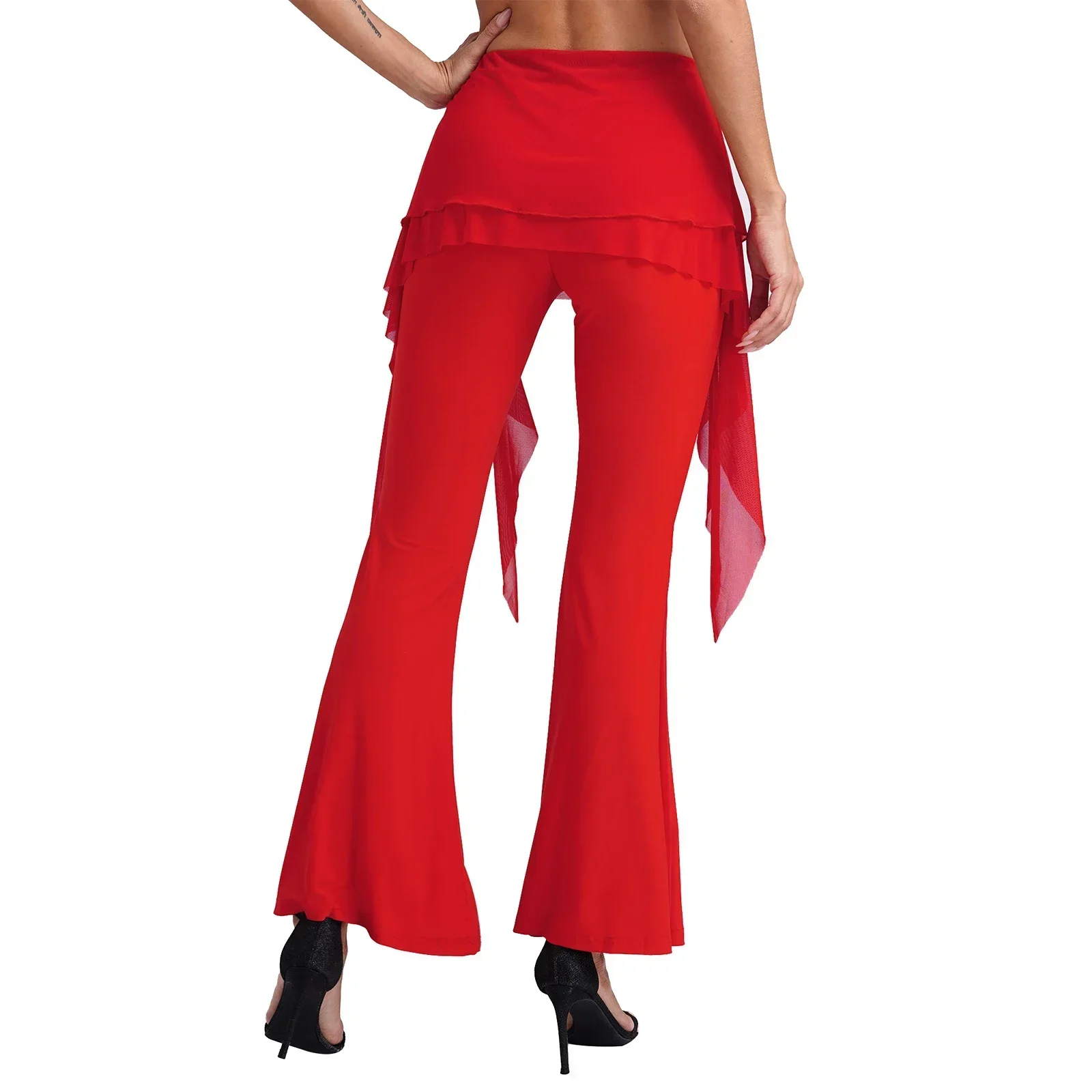 Dames Latin Ballroom Dansvoorstelling Broekrok Trekkoord Mesh Rok Uitlopende Broek Elastische Tailleband Bell-Bottom Broek