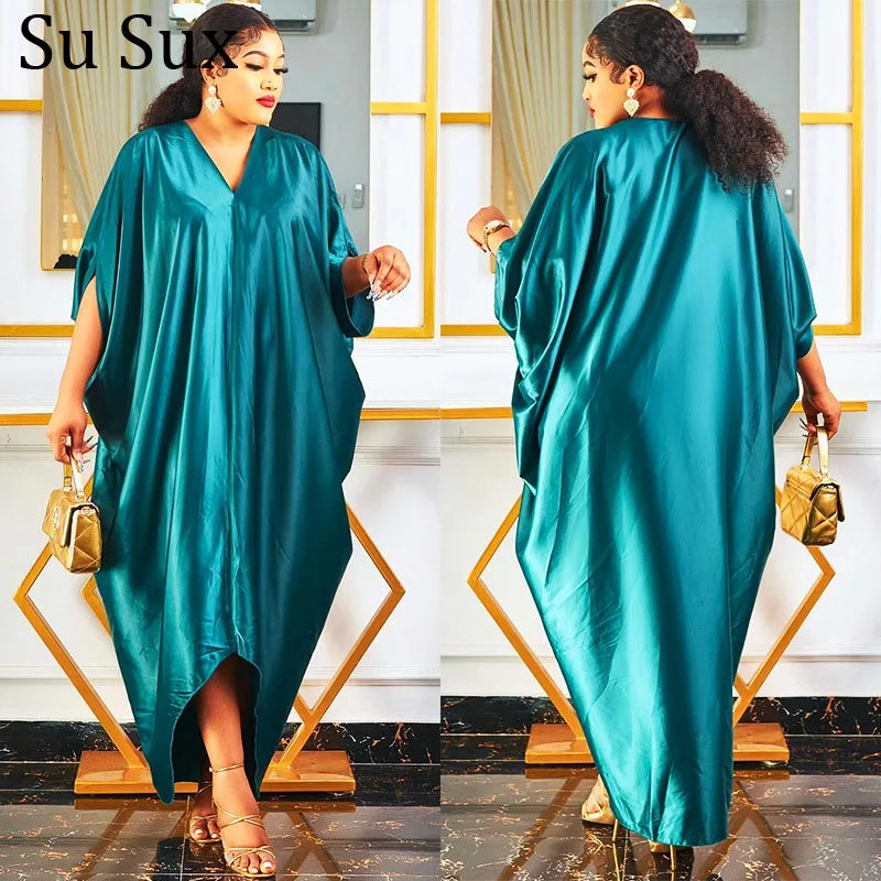 African Dresses For Women Plus Size Robe Africaine Abaya Kaftan Dress Muslim Solid V Neck Bat Sleeve Vestidos Partyclub 2022