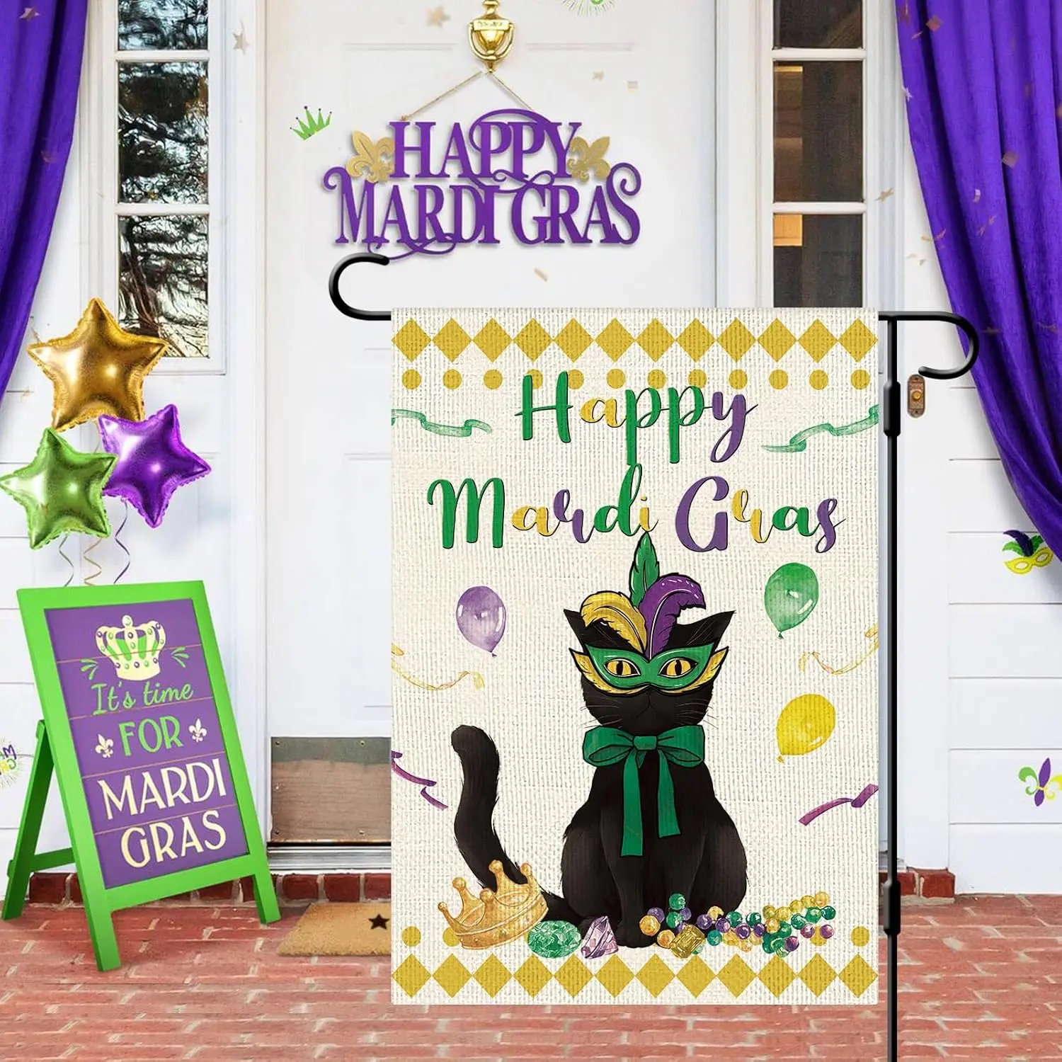 DLZDN Happy Mardi Gras Cat Garden Flag New Orleans Carnival Garden Flag 12×18 Inch Double Sided Vertical Burlap Farmhouse Yard F