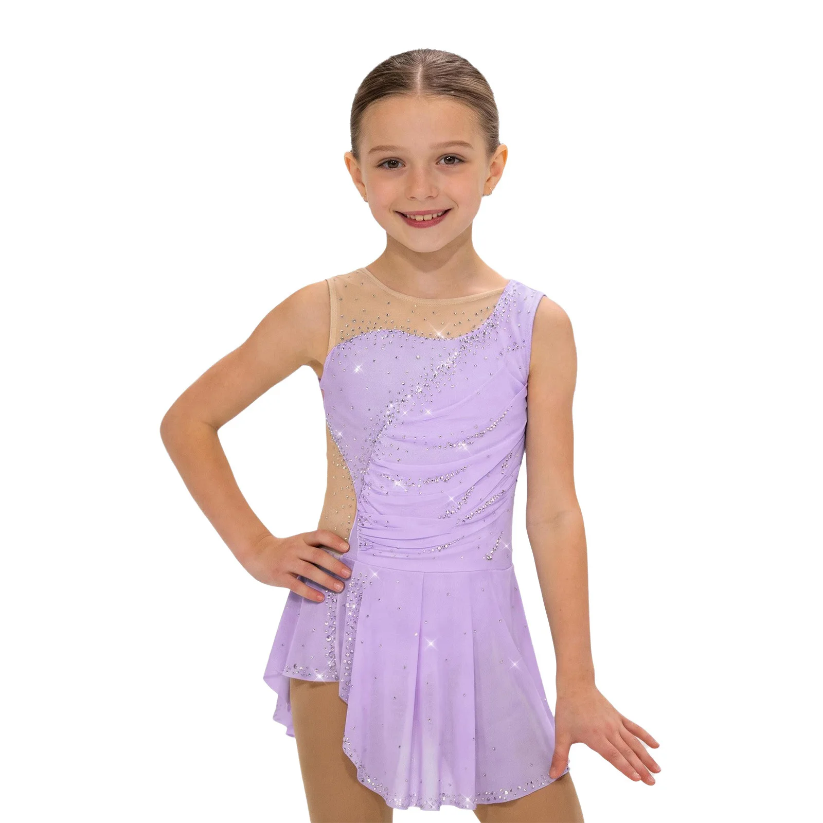 Kinder Mädchen Gymnastik Eiskunstlauf Ballett Tanzkostüm Funkelnde Strasssteine Gerafftes Netzkleid mit Seitenschlitz und Eingebautem Slip – Detail 4
