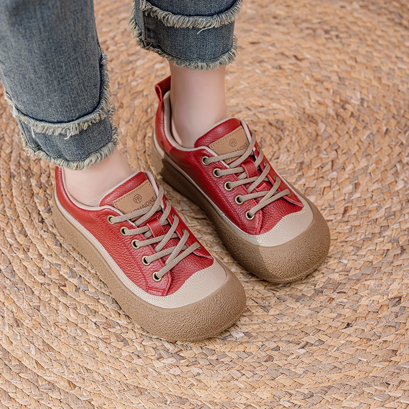 

Genuine Leather Sneakers For Women 2026 Spring Flat Casual Women's Shoes Lace-up Vintage Large Sizes 41, 42, 43 Shoes Ladies