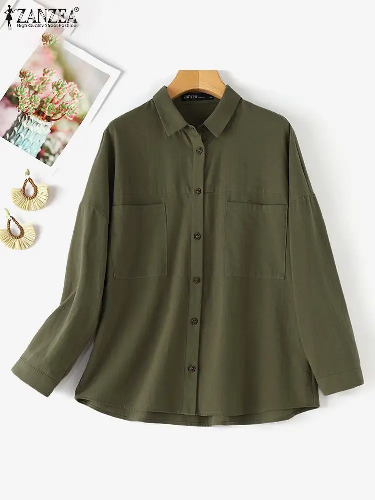 ZANZEA informal-Blusa de manga larga para mujer, camisa Vintage de algodón puro con cuello vuelto, Color liso, para vacaciones y otoño, 2024