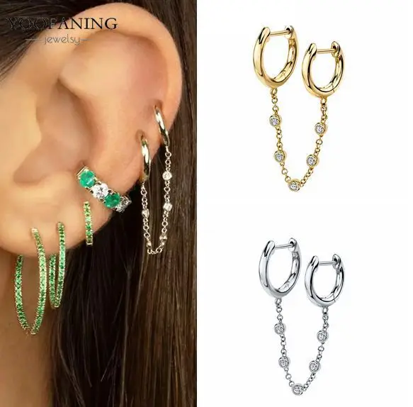 

Yoofanning 925 Sterling Silver Earrings White Zircon Chain Tassel Ring Earrings Women's Double Hole Earrings Jewelry A45 Gift