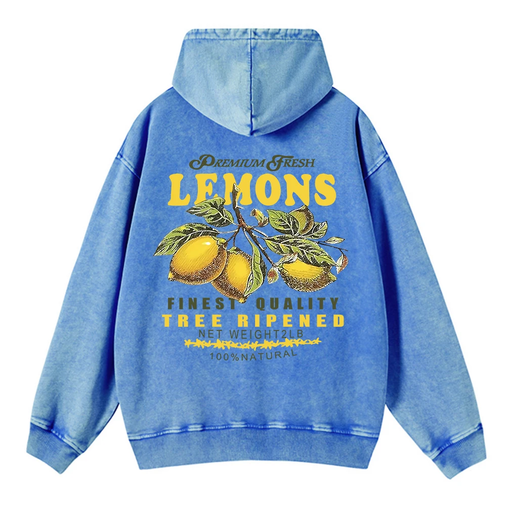 Autumn Winter Womans Washed Hoodie Premium Fresh Lemons Printing Sweatshirt Retro Oversize Cotton Hoody Casual Couple Clothes