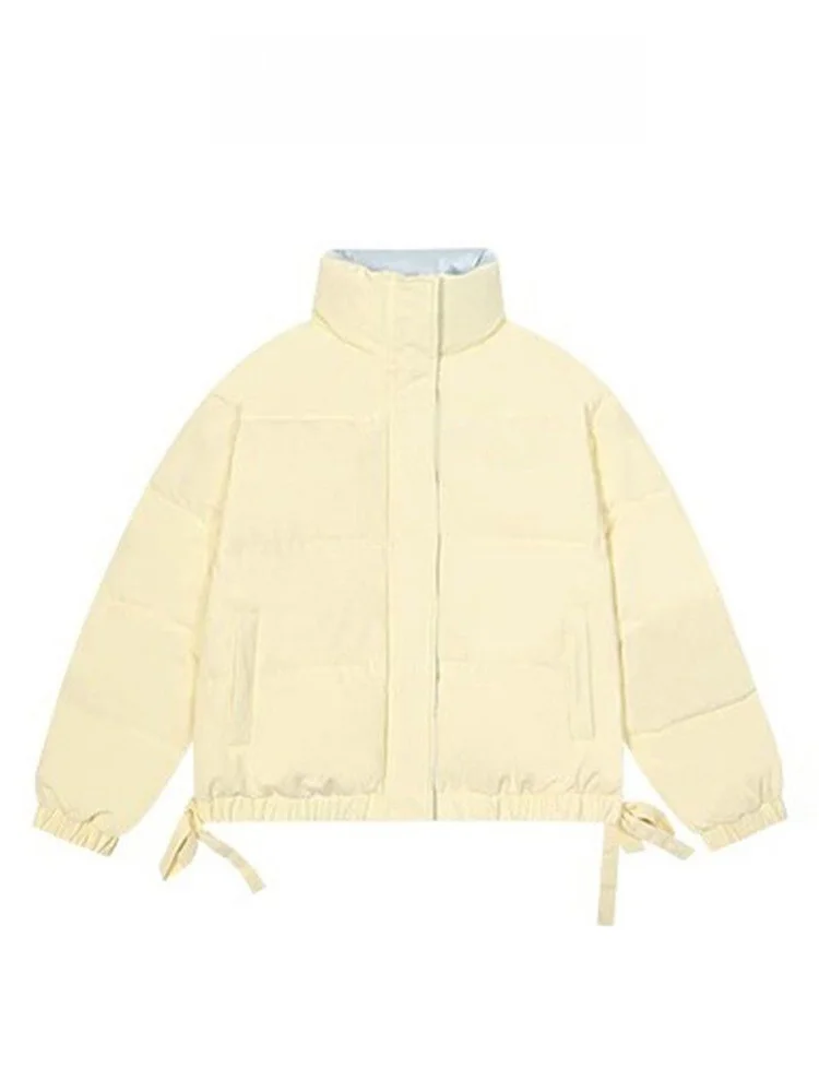 

American Style Yellow Knot down Cotton Jacket Women Winter Loose Small Size Stand Collar Warm Bread Style Coat Trendy