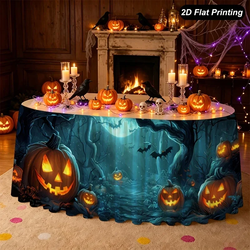 1pc Halloween table skirt, featuring a dark forest scene with curved pumpkin branches and a full moon, suitable for Halloweenxzj
