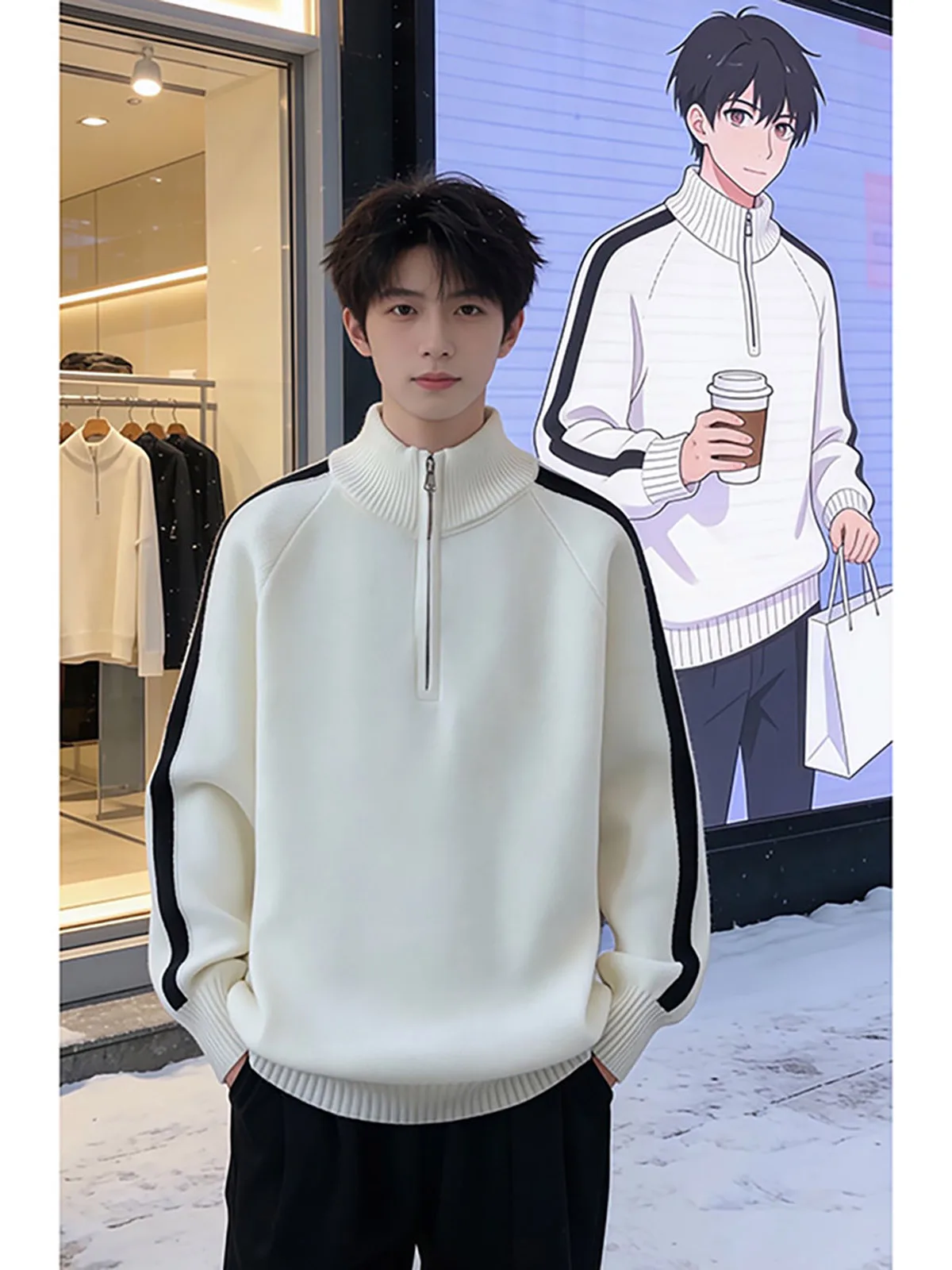 

Zipper f High Collar oulder Insertion Color Blo Knitted Sweater Men's Winter High End Feel Patchwork Overhead Long Sve