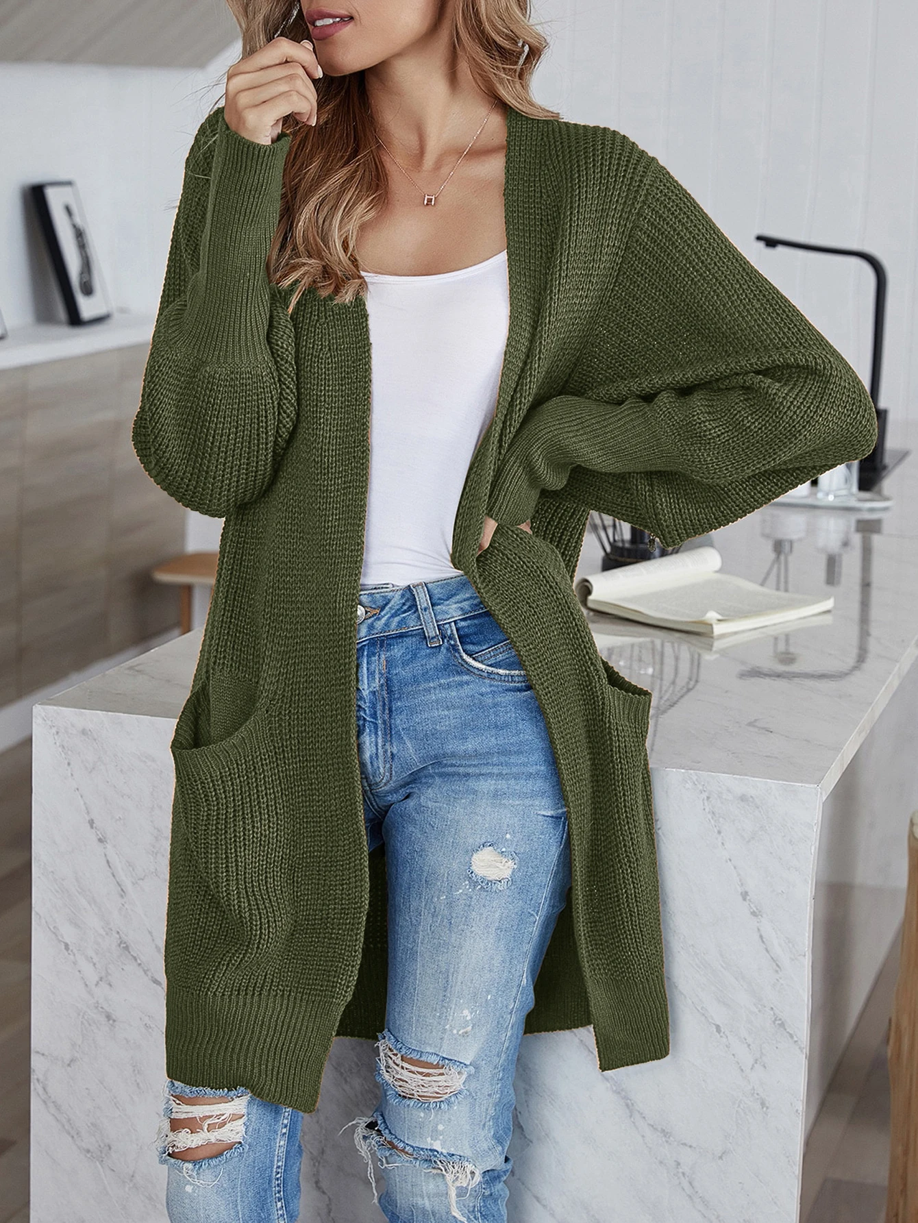 Sweater women\'s coat coarse wool line pocket knitted cardigan commuter style loose medium long coat casual