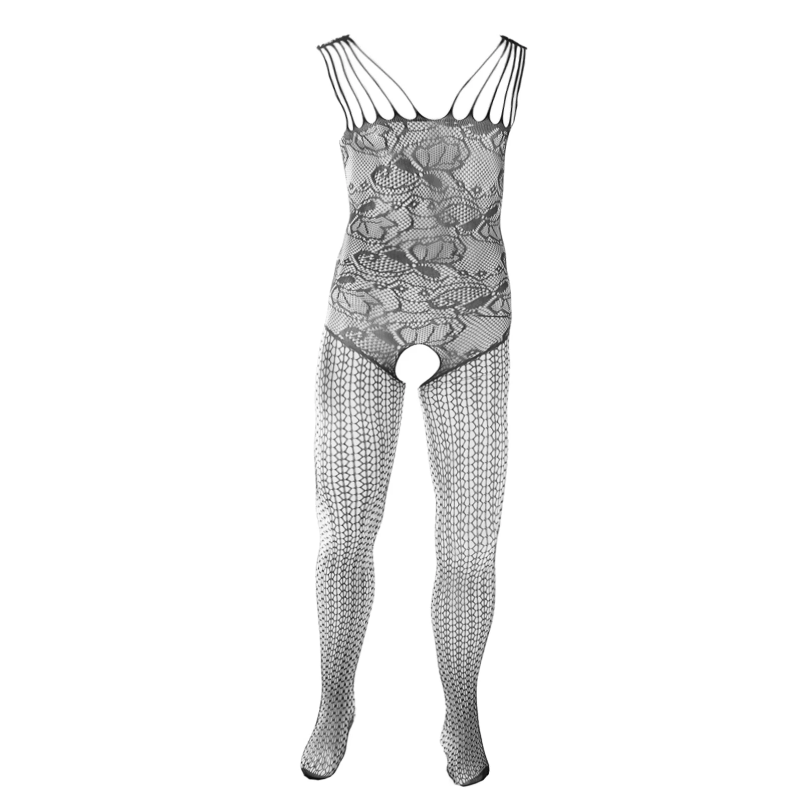 

CLEVER-MENMODE Fishnet Pantyhose Stockings Lace Jumpsuit Mesh Lingerie Sexy Spaghetti Crossdressing Fetish Erotic Transparent