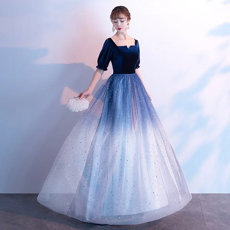 

Women's Korean Square Neck Banquet Gown Short Sleeve Light Tulle Sparkling Evening Party Long Dresses