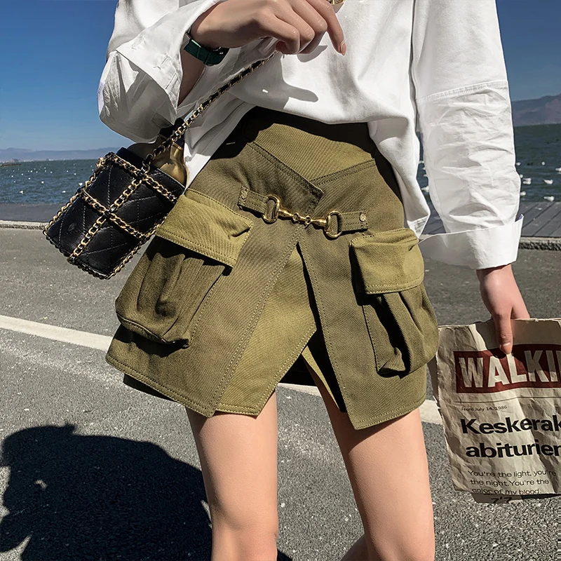 

Aviva on Earth High Waist A-Line Skirt Military een Asymmetrical Workwear Sle Women's Summer Versatile ort Skirt