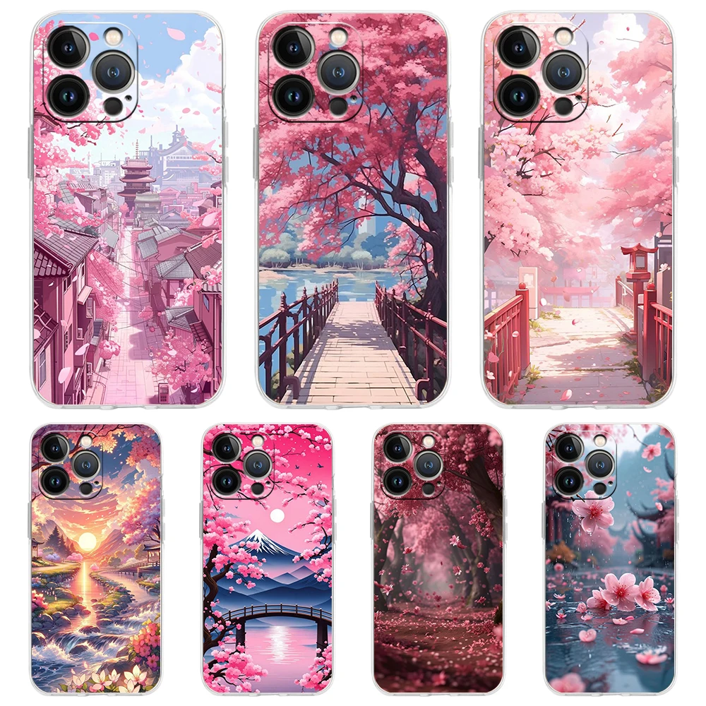 Pink Spring Cherry Blossoms Phone Case for iPhone 16 15 14 13 12 Pro Max 11 Pro Max 7 8 Plus XS XR Max Transparent Soft Shell