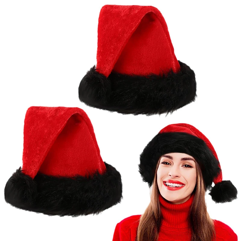 Soft Velvet Santa Hat for Adults, Red and Black Plush Christmas Cap, Comfortable Hats for New Year Presents, Funny, 1Pc