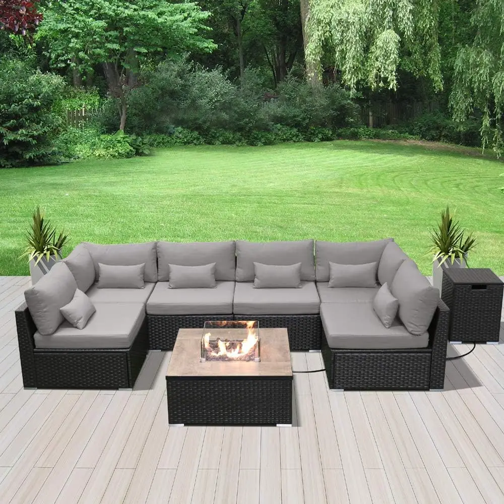 Fire Table Set Sectional Outdoor Furniture Propane Firepit Dark Brown Rattan Multi Colors Outdoor Sofa Set