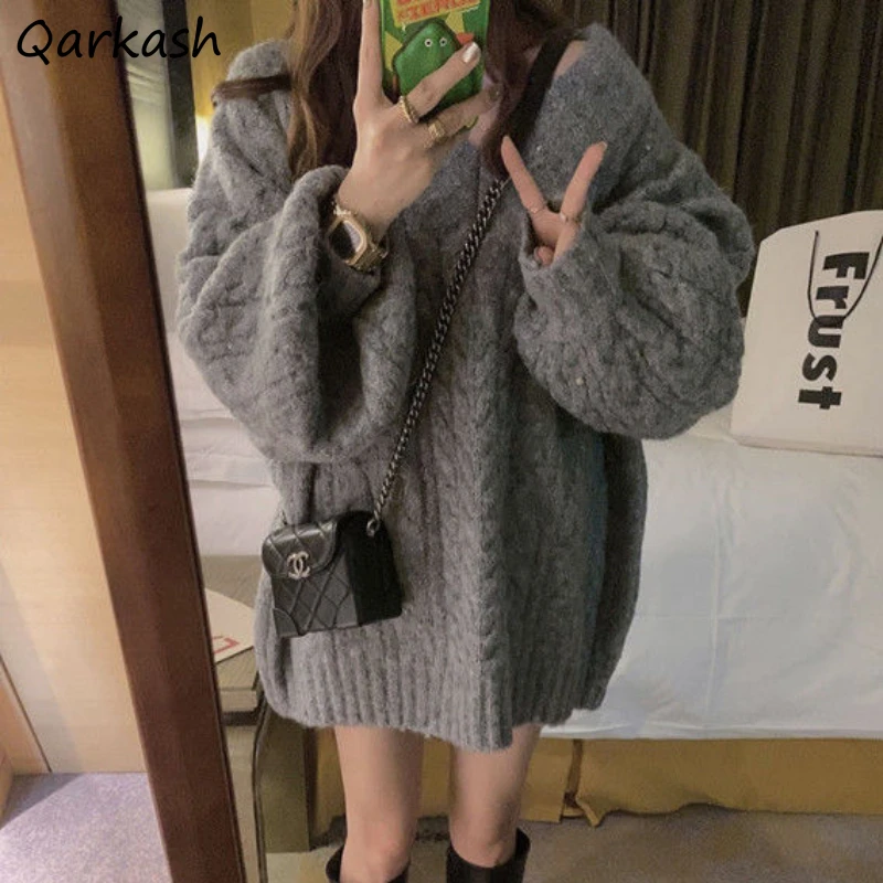 

Pullovers Women Lazy Jacquard Solid Sweaters Female Knitted Fashion Loose Leisure French Style V-neck Vintage Simple Autumn Chic