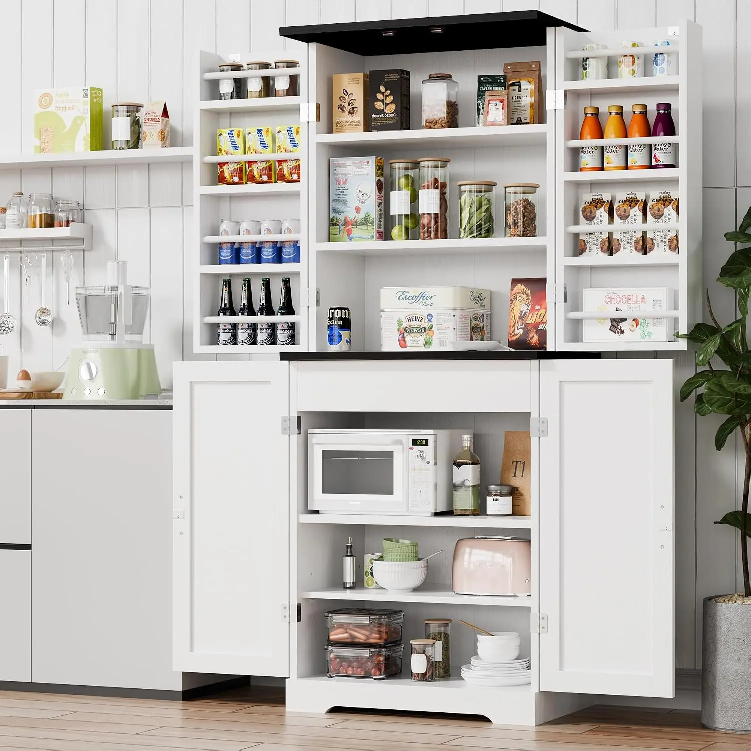Kitchen Pantry Storage Cabinet with Barn Doors, Drawer and Adjustable Shelves, 6-Tier Tall Rustic Wood Cupboard Locker for Kitch