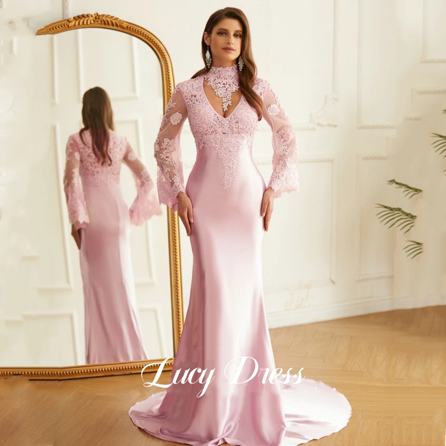 

Lucy Long Luxury Evening Dresses 2023 Mermaid Ball Gowns Pink Elegant Party Dresses for Women Luxury Bell Sleeves Gala Dress