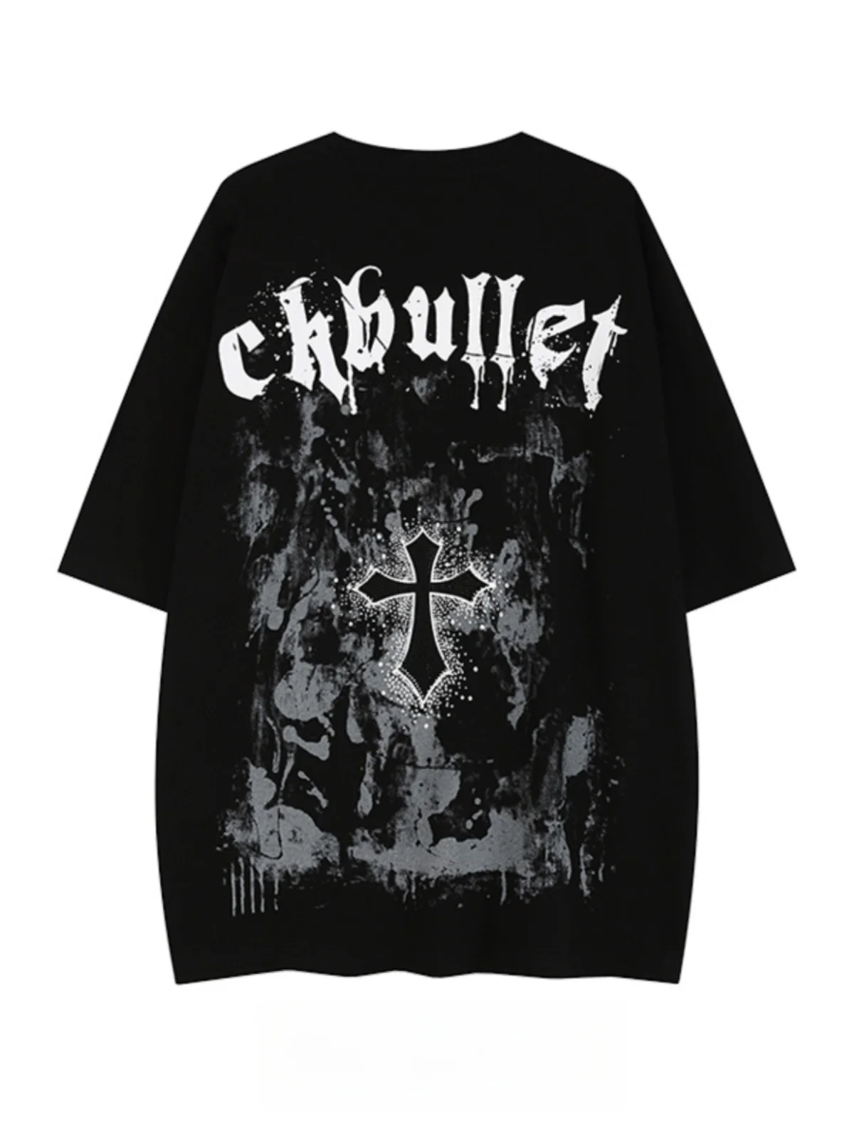 

Trendy Brand European and American Instagram Dark Cross T-shirt Print Short Sleeve American High Street Hip-hop Short Sleeve.