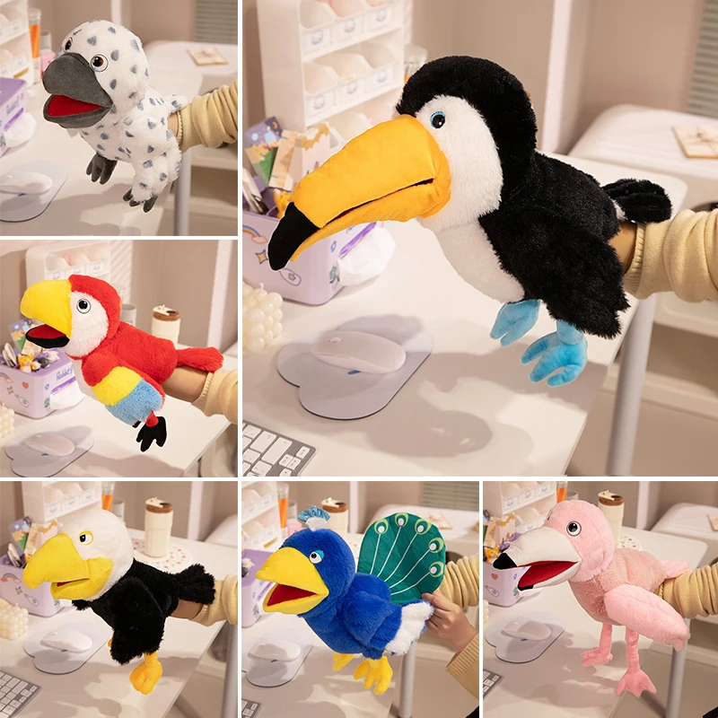 Marioneta de peluche de pájaro de 35cm, flamenco relleno, búho, pavo real, loro, águila calva, Tucán, peluche interactivo, regalo tranquilizador de historia