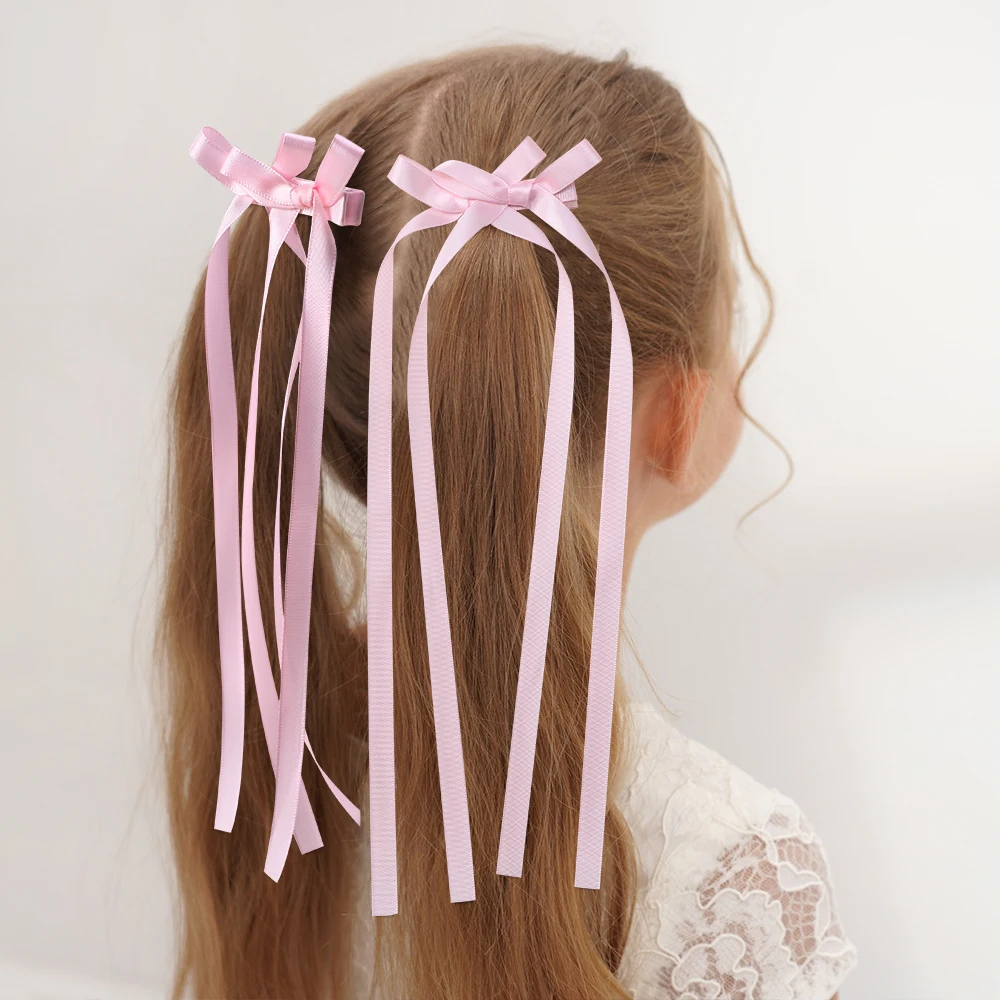 2pcs/lot Y2k long silk strip hair clip solid color double bow sweet hairgripes elegant tassel ponytail tie barrette