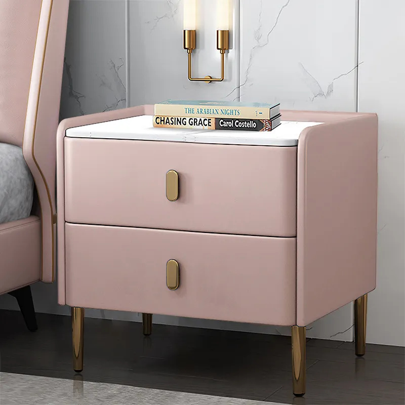 Household bedside table Modern bedroom storage cabinet Rock slab solid leather wood Nordic small bedside table Light luxury