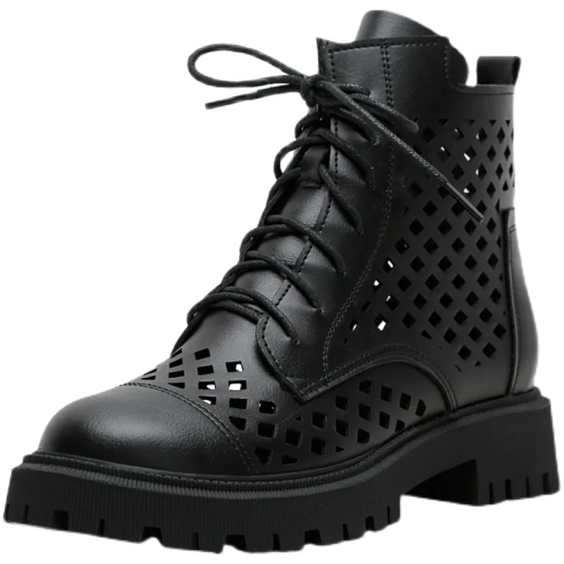 أحذية مارتن نسائية صيفية قصيرة ذات قاعدة مسطحة ومجوفة وقابلة للتنفس، مصنوعة من الجلد الطبيعي بأسلوب بريطاني من جلد البقر