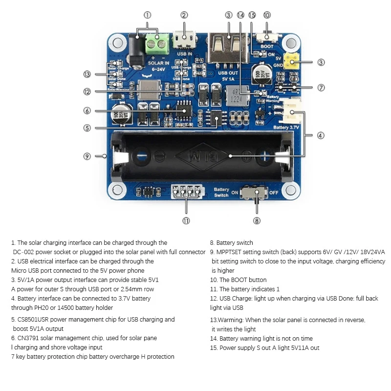 Waveshare modul manajemen daya untuk panel surya 6v-24v 5W 156 sel silikon monokristalin dengan MPPT