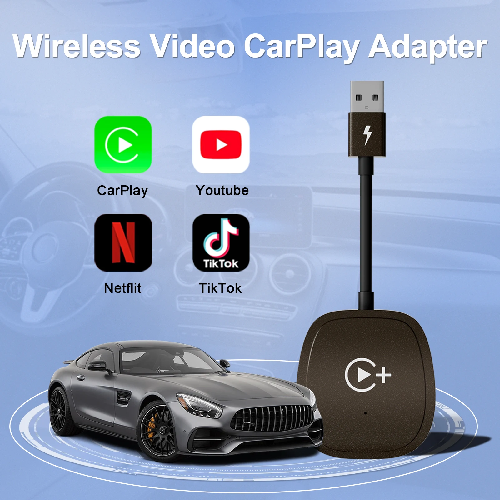 Wireless Carplay Adapter with Youtube/Netflix/Tiktok, Wireless Carplay USB Dongle for Factory Wired Carplay to Wireless