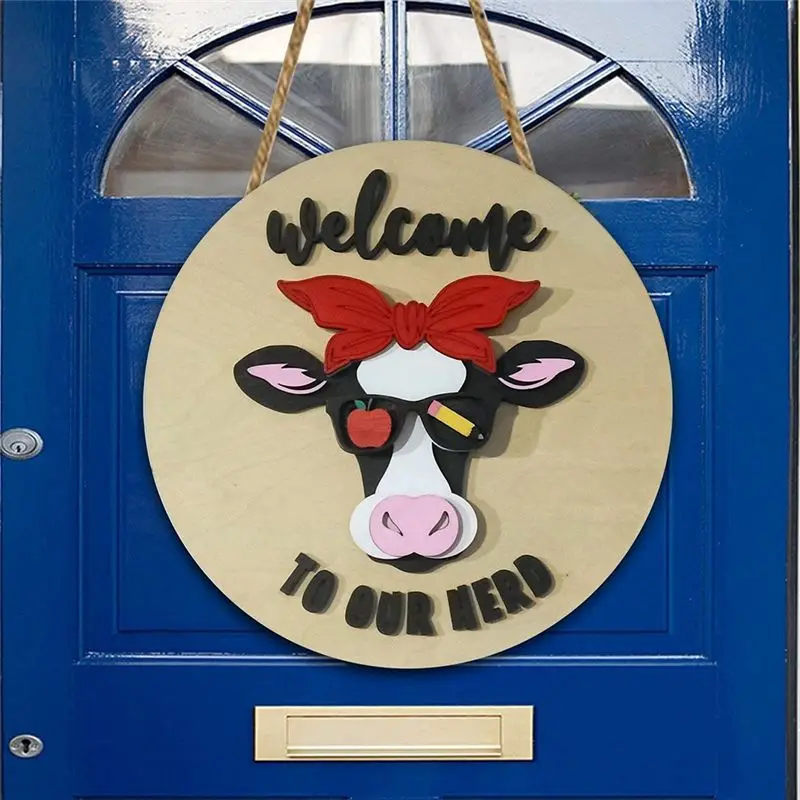 DT19 11Pcs Easter Day Interchangeable Door Hanger Cow, Wooden Farmhouse Front Door Hanging Decoration with Lanyard, Easter Gift