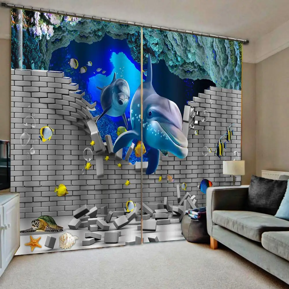 High quality custom 3d curtain fabric Sliver brick curtains ocean dolphin curtain