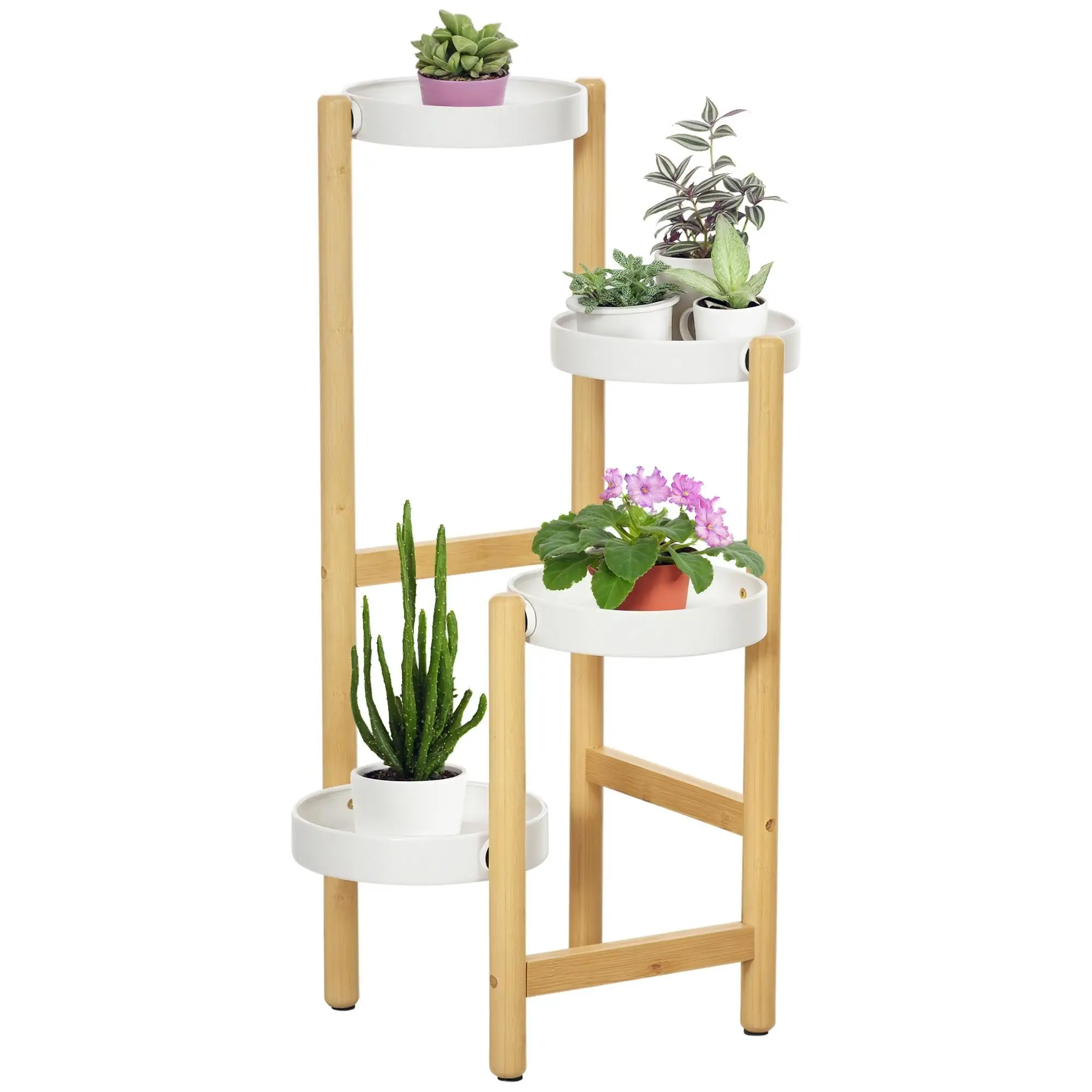 Support pour plantes en bambou à 4 étages, 28x28x80 cm, blanc avec plateaux en métal pour l'intérieur et l'extérieur