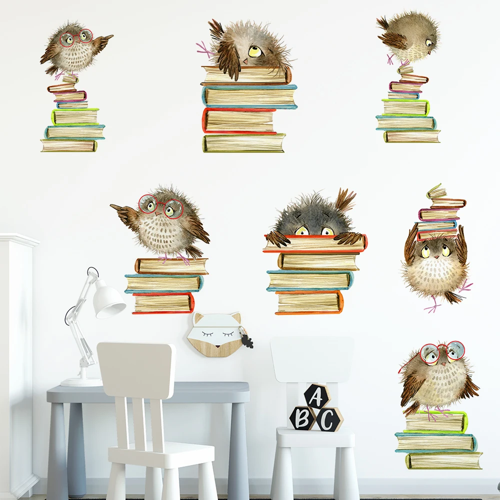 Cartoon Cute owl Books Wall Stickers for Bookcase Display Cabinet Decor Kids Nursery Study Room Removable Decal PVC Wall Posters