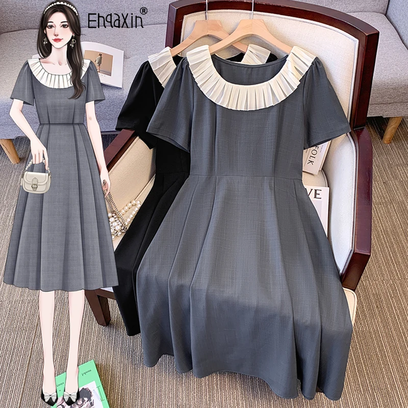 

EHQAXIN Summer Vintage Women's Dress French Elegant Lace Round Neck Temperament A-Line Short Sleeved Dresses 2024 New S-3XL