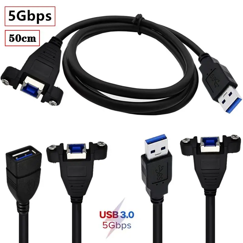 USB3.0 A Male/A Female To Print Female With Ear Screw Holes For Fixed Extension Cable, USB3.0 AM/AF-BF Data Cable 0.5m