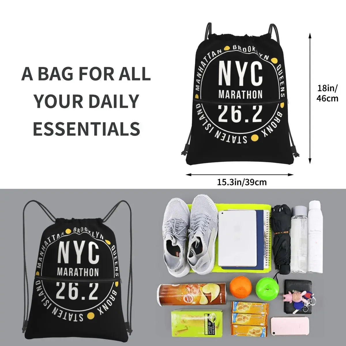 NYC-mochila portátil para hombre y mujer, bolsa con cordón, bolsillo para zapatos, viaje, deporte, Nueva York, Maratón