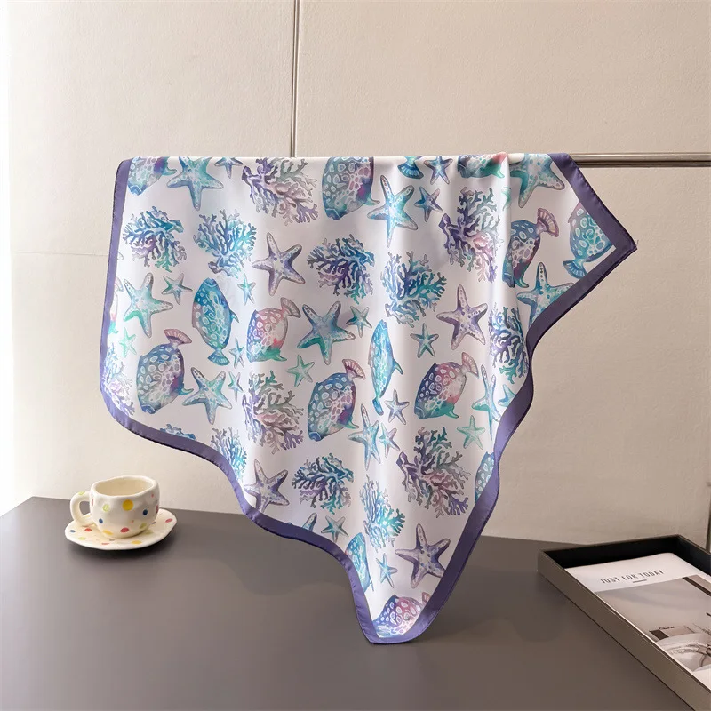 Women Satin Small Square Scarf Ocean Seashell Starfish Print Silk‑feeling Kerchief Multi‑purpose Summer Neck Head Wrap Accessory