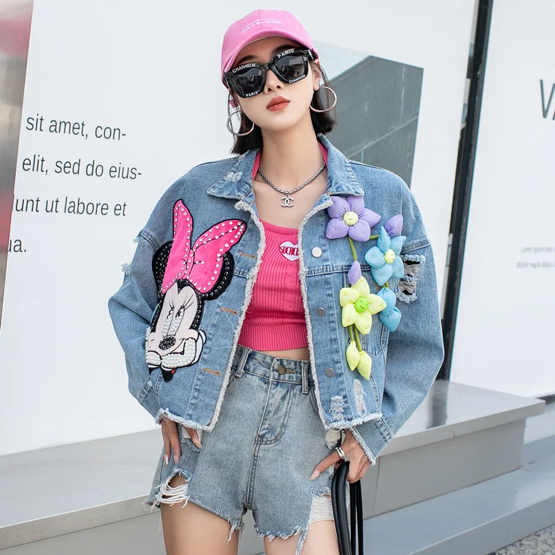 

Disney Mickey Cartoon Rhinestone Three-dimensional Flower Decoration Spring Autumn Denim Jacket Women 2025 Trend Niche Short Top