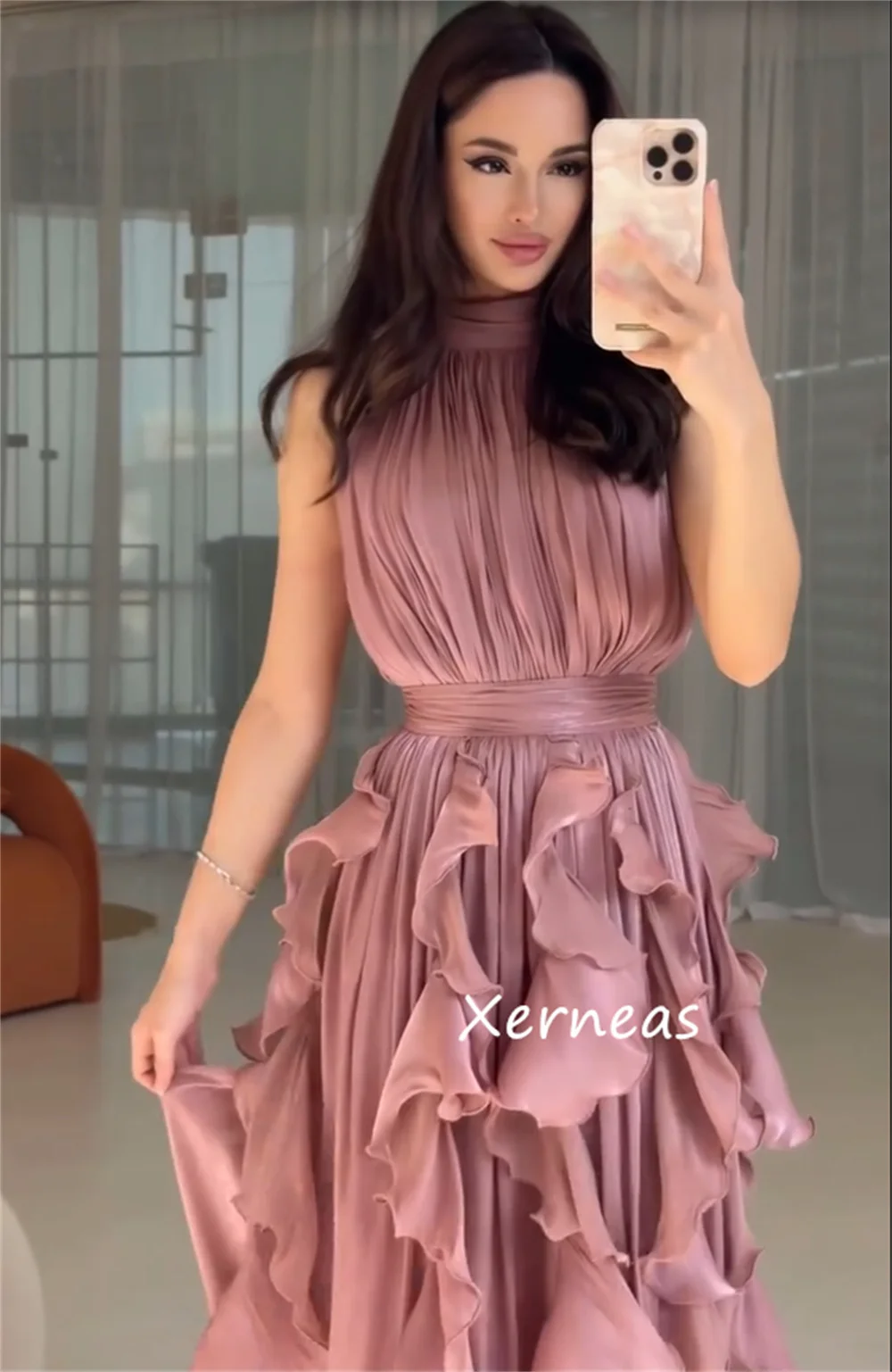 Customized Intricate Ruched Pleat A-line High Collar Long Dresses Bespoke Occasion Homecoming Sizes Available