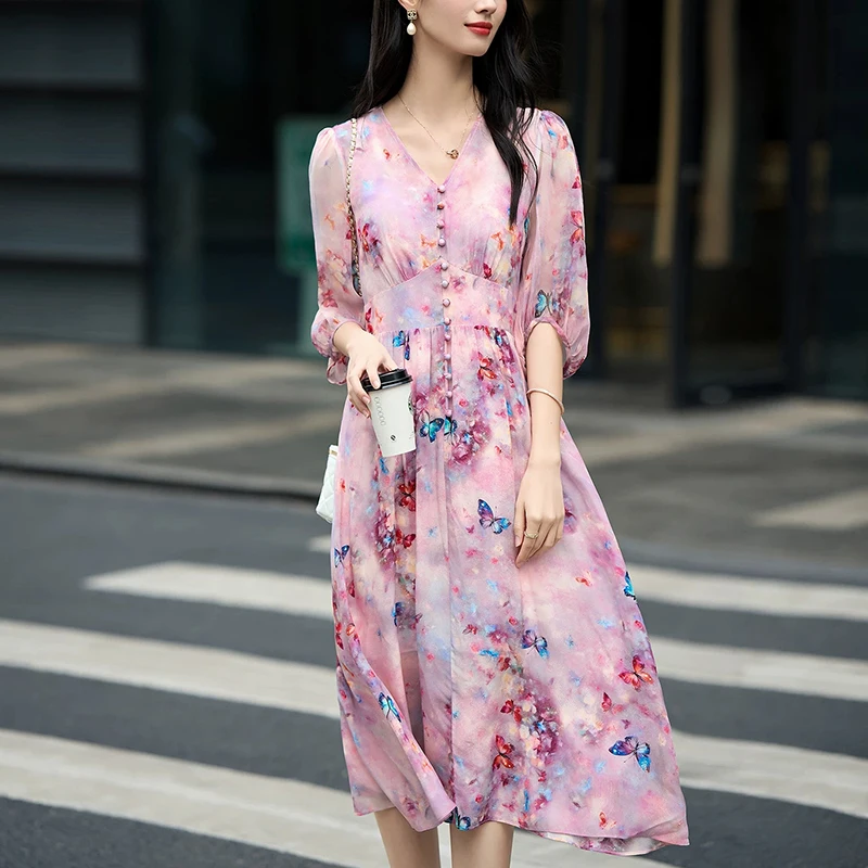 New 100% Real Silk Women's Long Dress Elegant V-neck Summer Dresses Vintage High Waist Holiday Woman Butterfly Print Dress