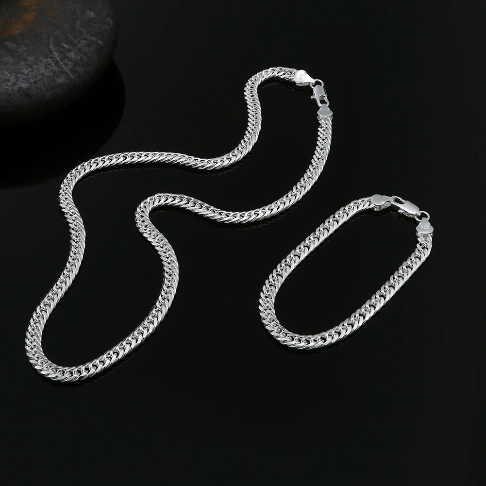 Fashion Original Brand 925 Stamped Silver Color Man 6MM Geometric Chain Bracelets Neckalces for Women Party Wedding Jewelry Sets