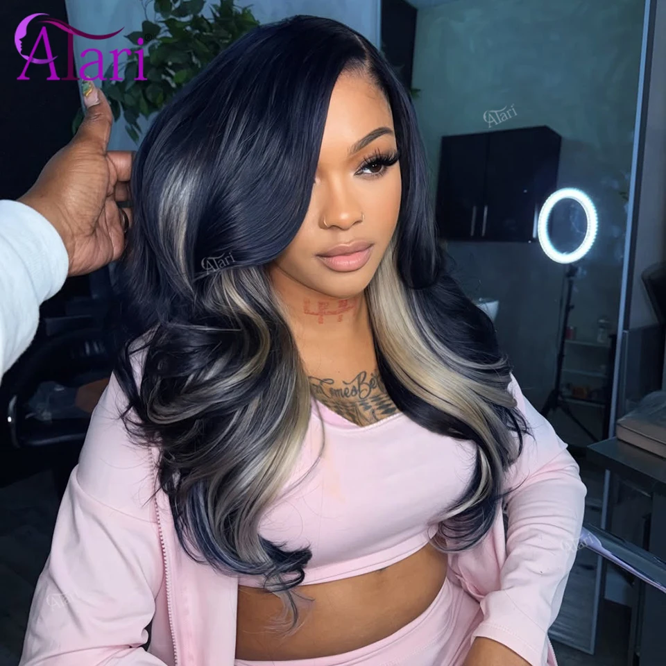 

13X6 Lace Frontal Dark Blue Blonde Higlights Wig Transparent 13X4 Lace Front Sky Blue Body Wave Human Hair for Women Pre Plucked