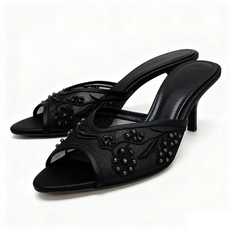 

Embroidery Mesh Mules Thin Heels Sandals Women Elegant Slides Wedding Shoes Fish Mouth String Beads Designer Slippers Women