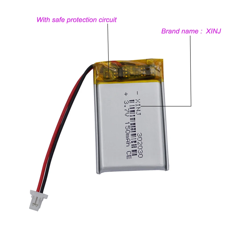 2pcs 3.7V 150mAh 0.555Wh Rechargeable Li-polymer Li Battery 302030 JST 2pin 1.0mm For GPS Headset Headphones Bluetooth Speaker