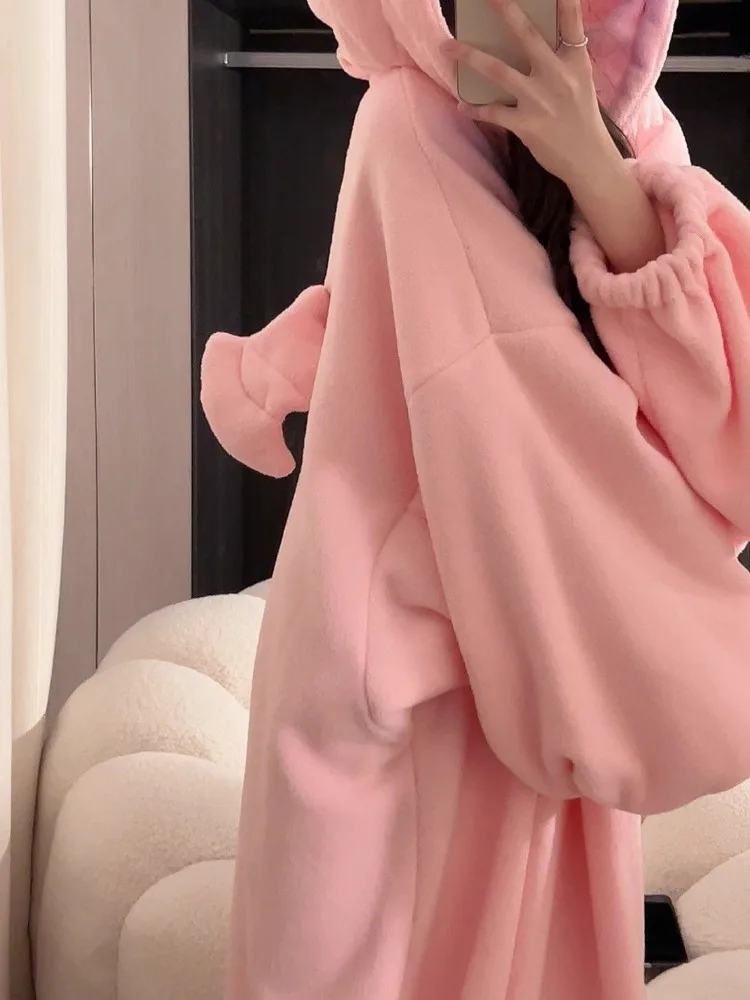 Kawaii Robes Women Winter Coral Velvet Pure Loose Hooded Design Chic Thicken Comfortable Students Ins Stylish New Sweet Popular