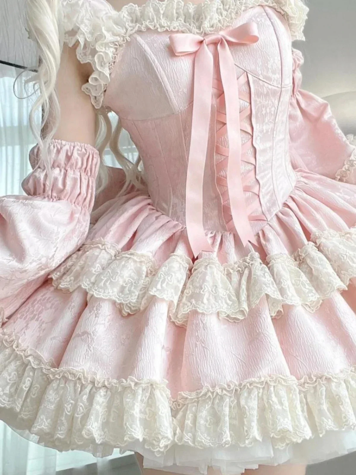 

Sweet Cute Lolita Girly Princess High Waist Lace Y2k Dress Summer Pink Ruffle Edge Party Puff Short Dresses and Sleeves