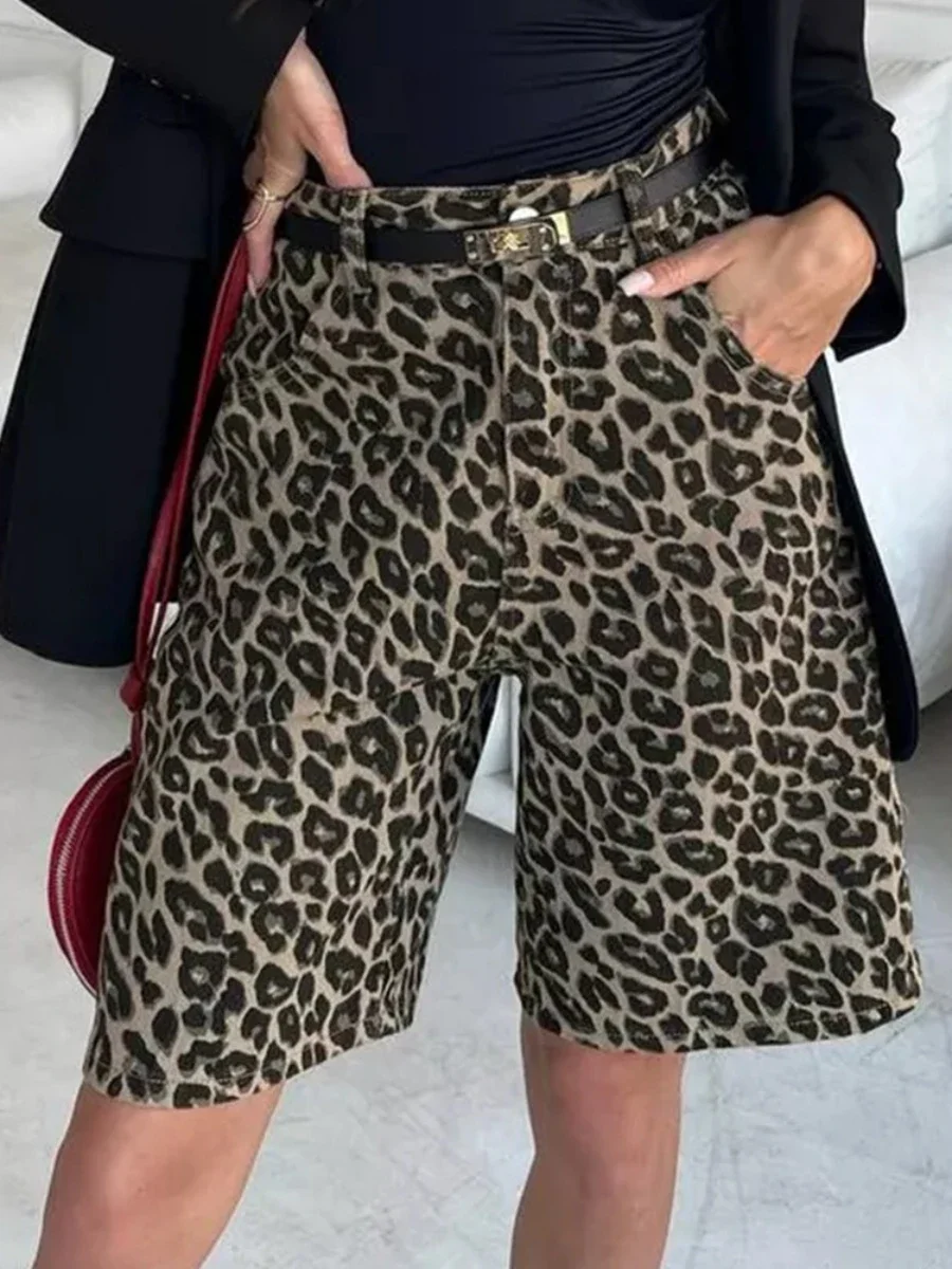 

100% Cotton Retro Leopard Print Shorts Women's Fashionable High Waisted Knee Casual Pants Female Pocket Loose Shorts