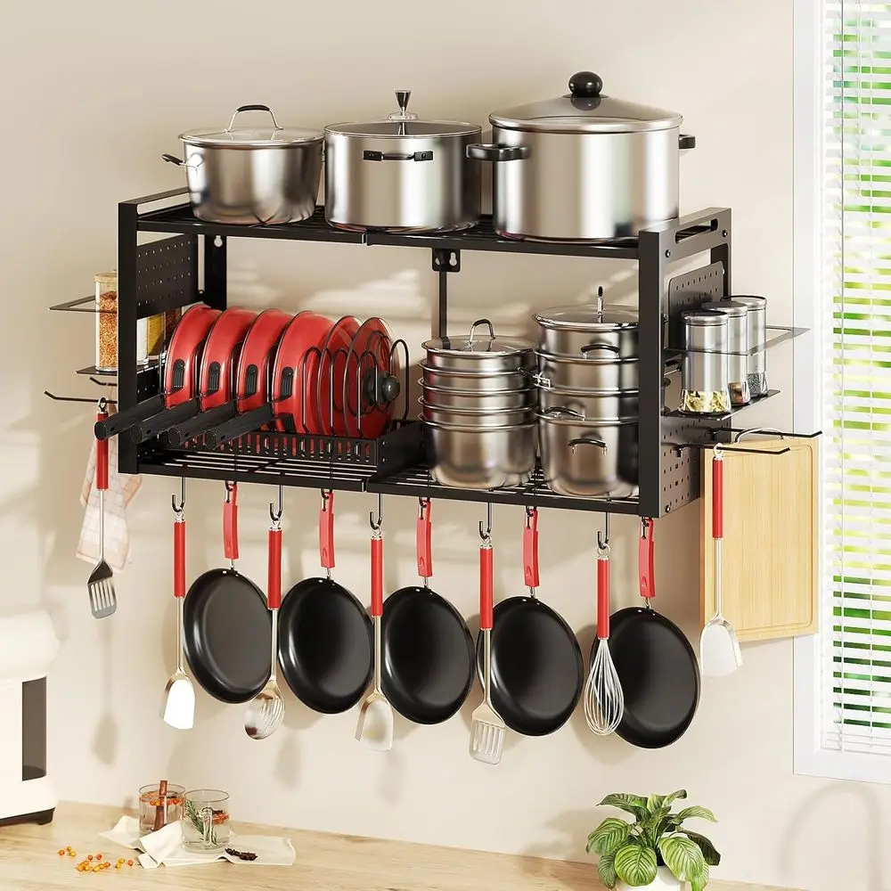 2-Tier Wall-Mounted Pot Rack, 20-Hook Kitchen Organizer with Pan & Spice Storage, Heavy-Duty Black Cookware Hanger