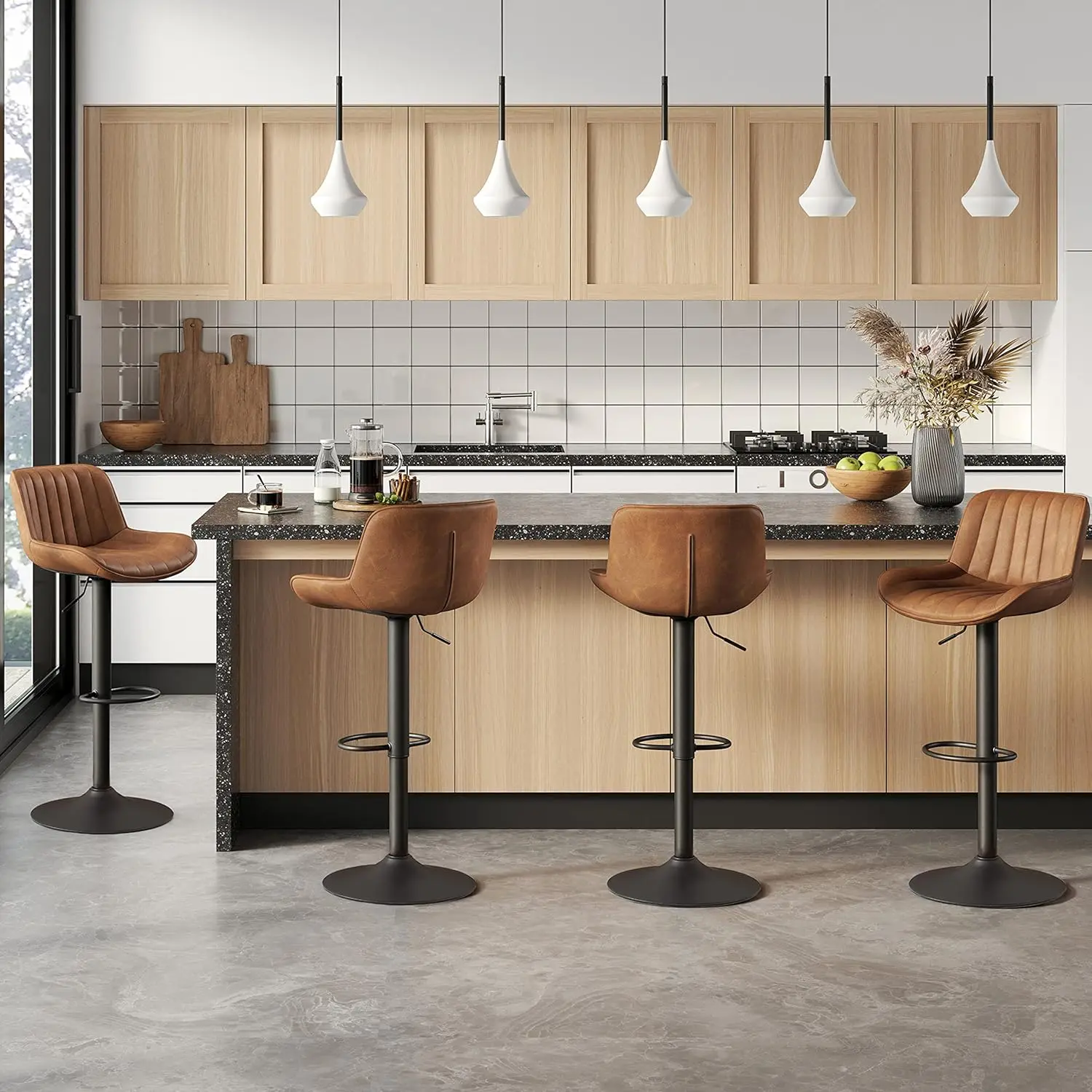 Volans Bar Stools Set of 4, Mid Modern Faux Leather Swivel Adjustable Height Bar Stool, Counter Height Pub Bar Chair